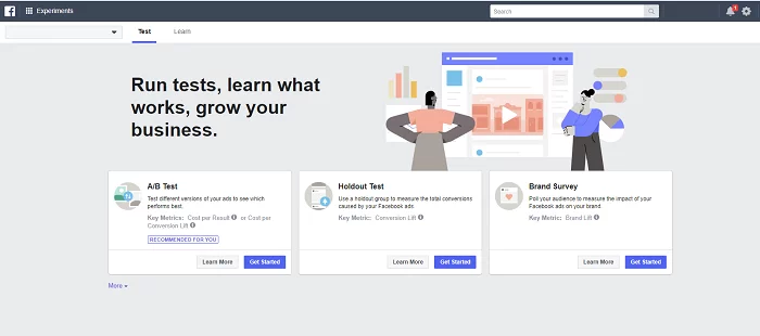 O Facebook adicionou o novo elemento “Experiments” ao Ad Manager, para ajudar a otimizar o desempenho do anúncio 1